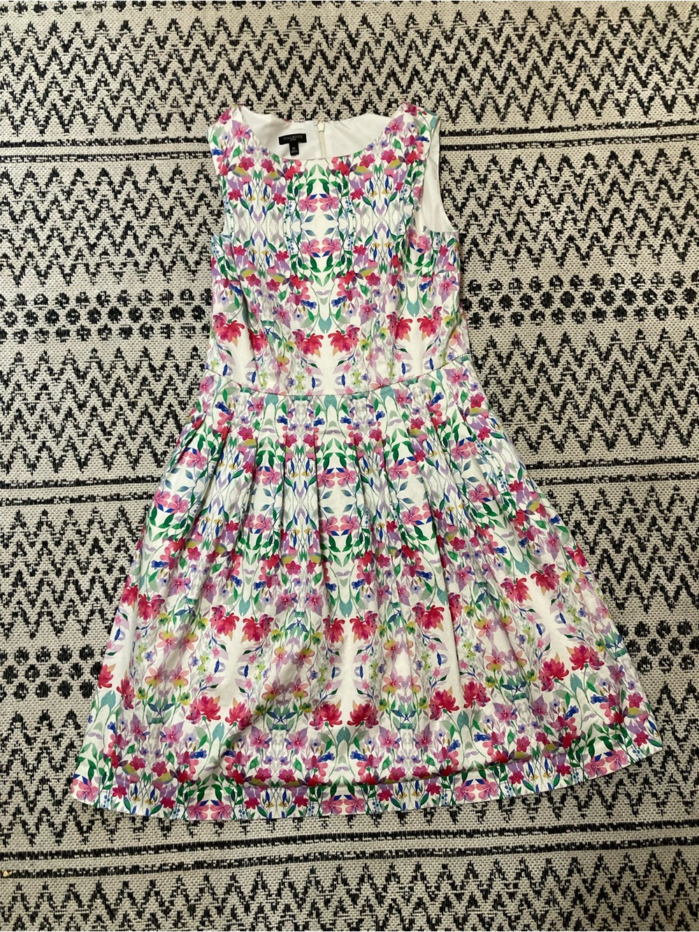 Talbots White Floral Sleeveless Fit-and-Flare Dress with Pink & Green